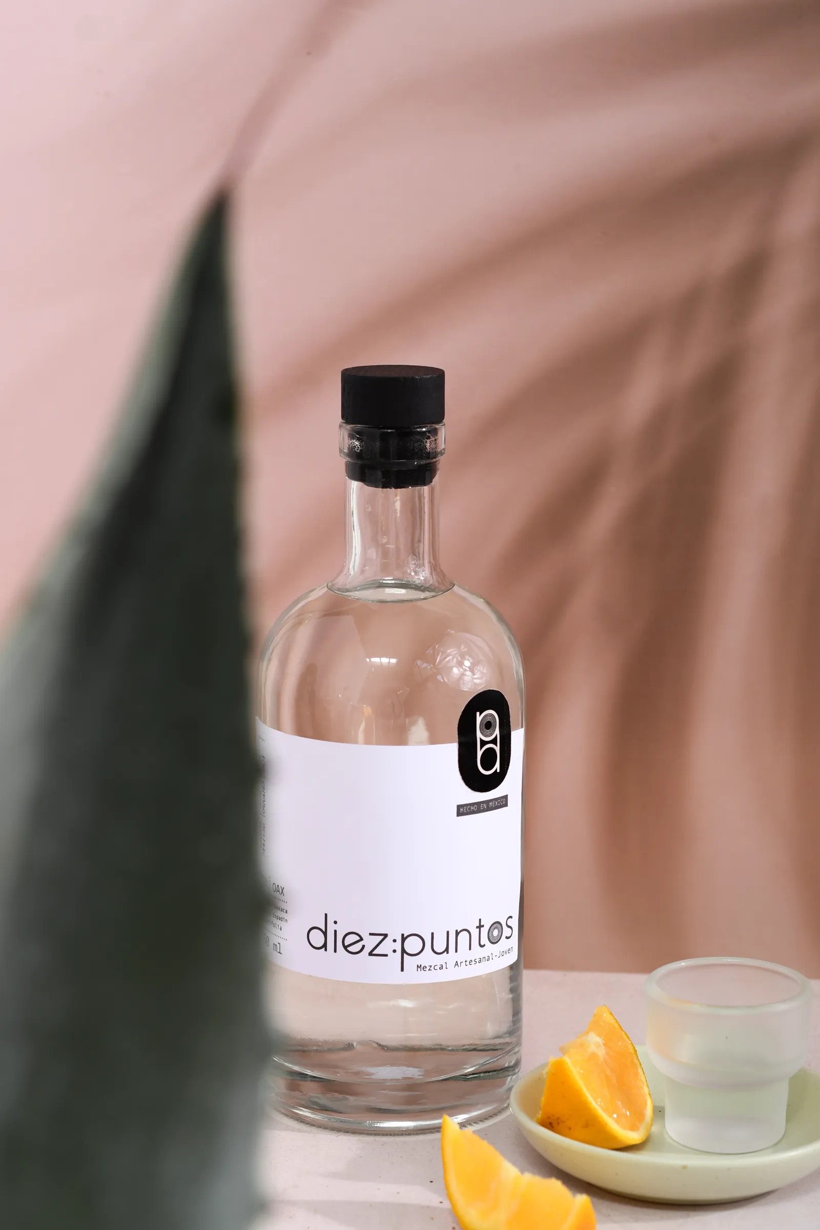 Botella con copita de barro y hoja de agave
