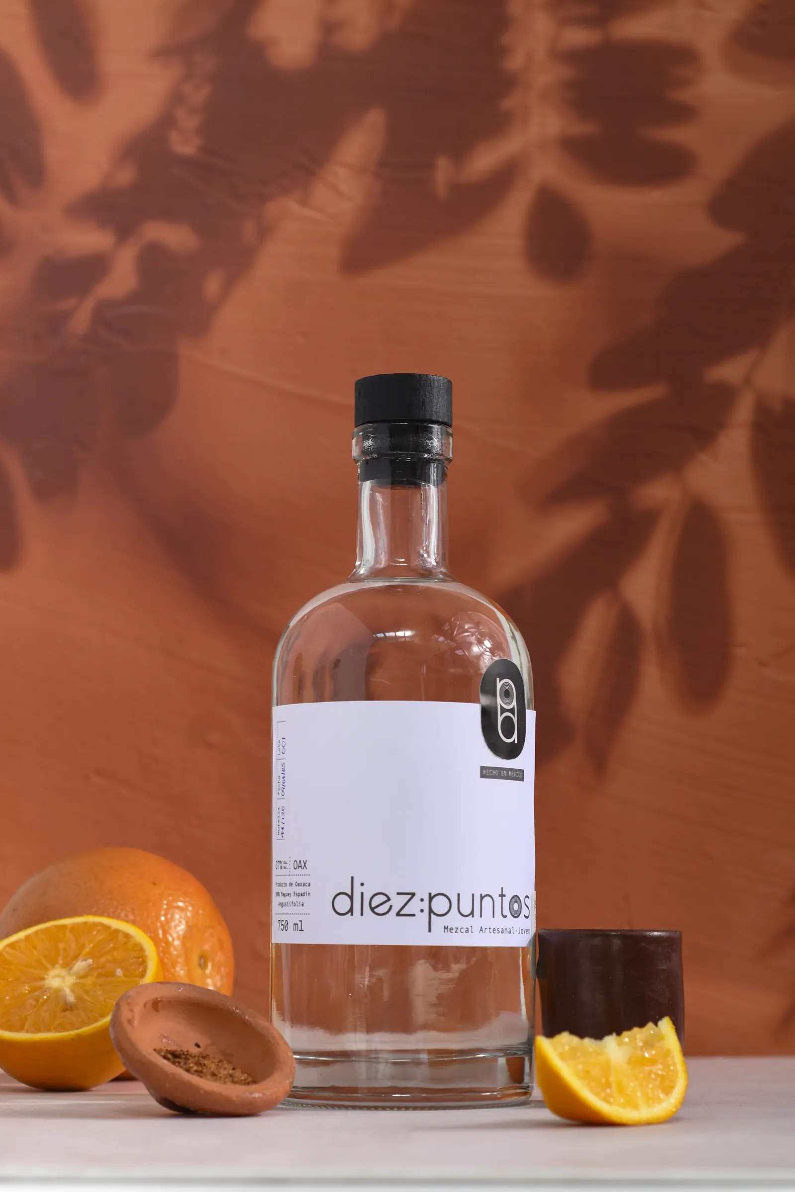 Botella con naranja sobre fondo terracota